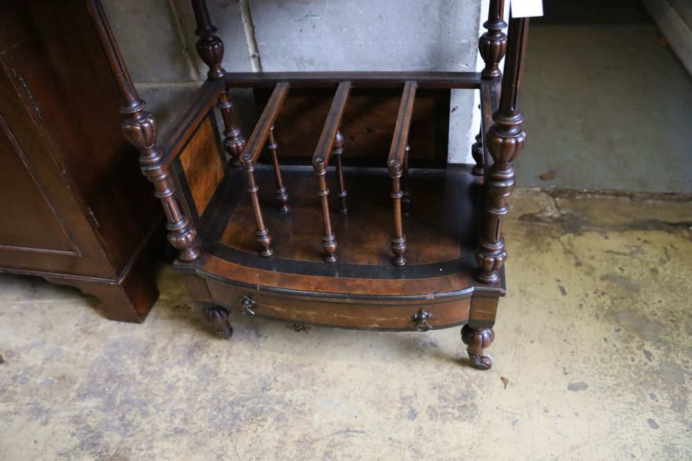 A late Victorian inlaid burr walnut Canterbury / whatnot, width 62cm, depth 40cm, height 90cm